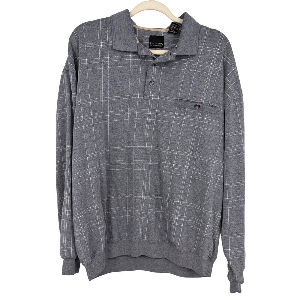 Thomson Shirtmakers Men's Vintage Gray Grid Long Sleeve Polo Shirt Size XL